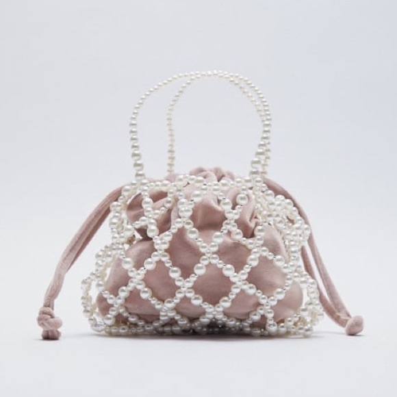 Zara Handbags - Zara velvet pearl bucket bag Beige pink NWT